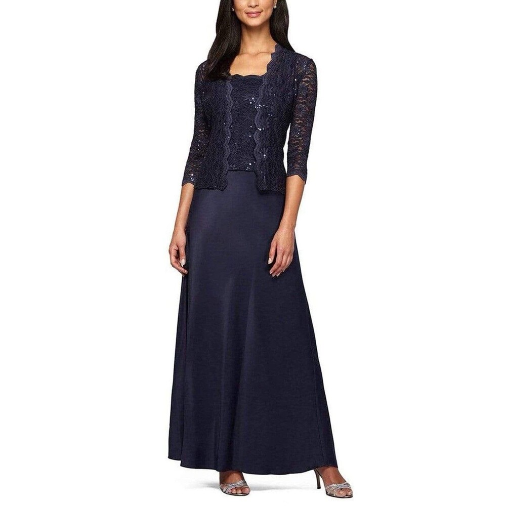 Alex Evenings Dress Sz 12 Navy Blue Lace Jacket Formal Mother Of Bride NWT $229